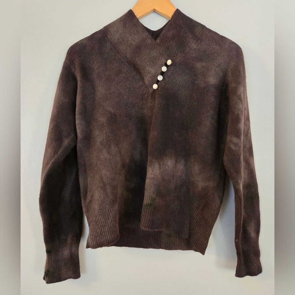 Vintage Yarnworks Wool Angora Brown V-Neck Long Sleeve Sweater Women Sz L Petite